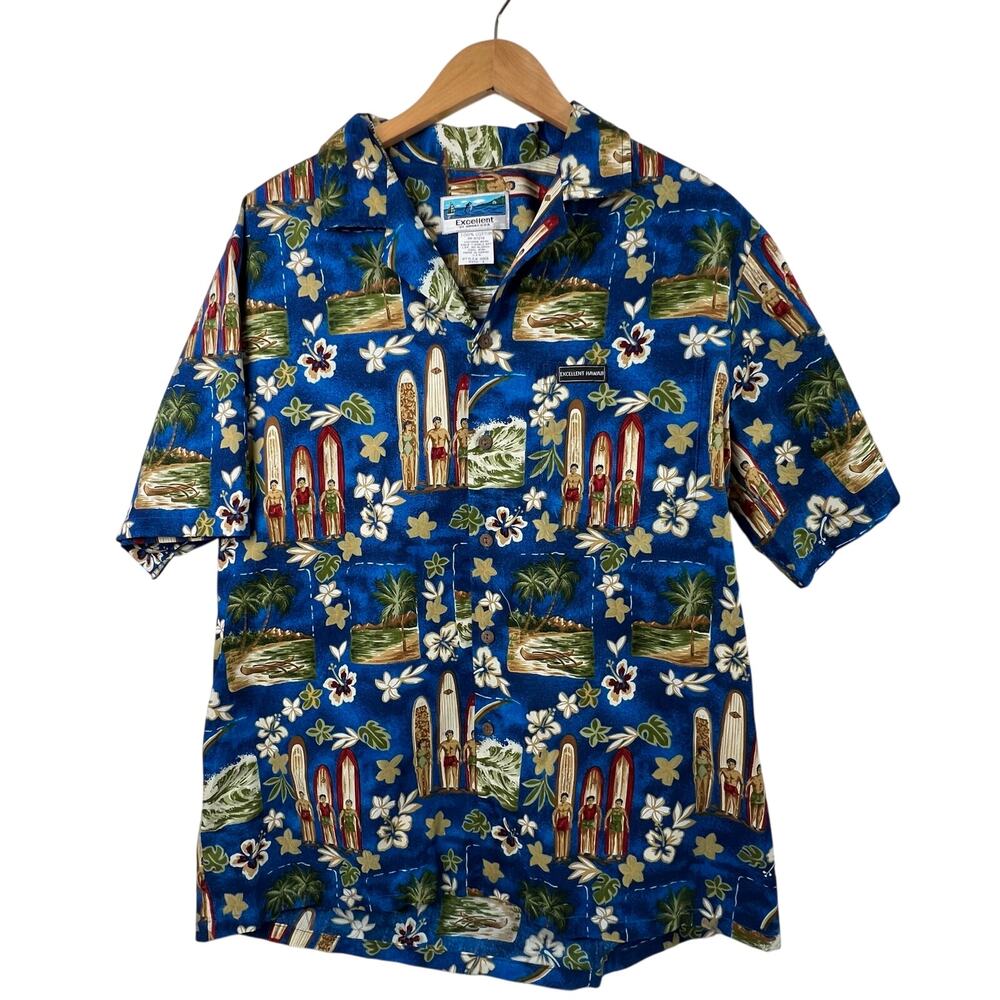 EXCELLENT of HAWAII 100% Cotton Hawaiian Shirt with Surfboards, Surfers Men's L